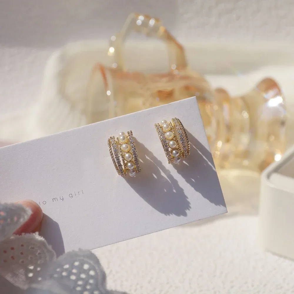NEW 14K Gold Plated Diamond Pearl Open Hoops - Picture 8 of 8